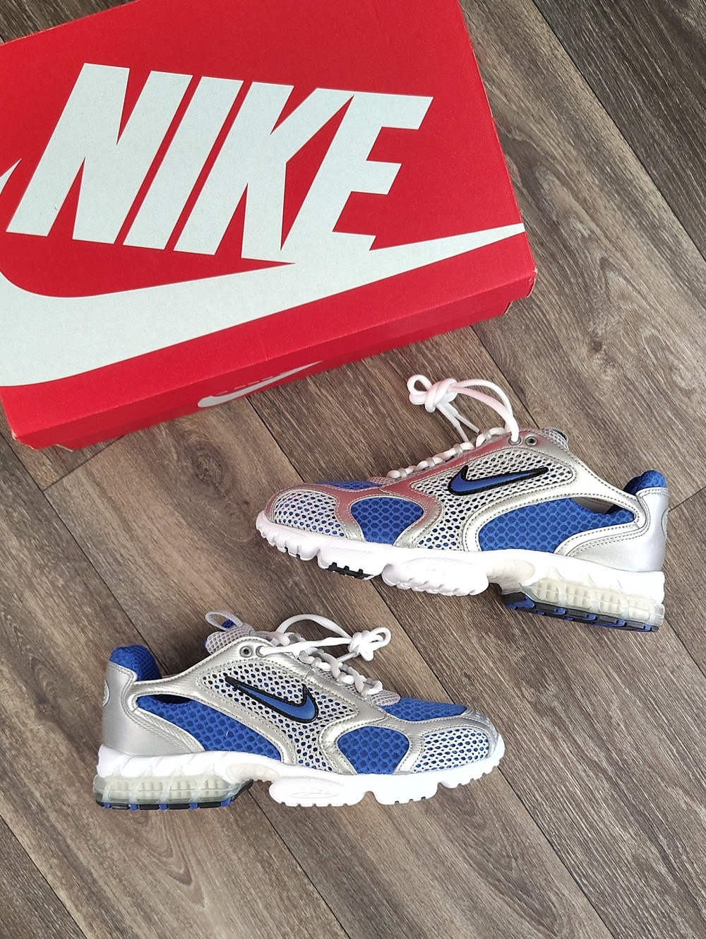 Men's Nike Air Zoom Spiridon Cage Silver and Blue Athletic Sneakers